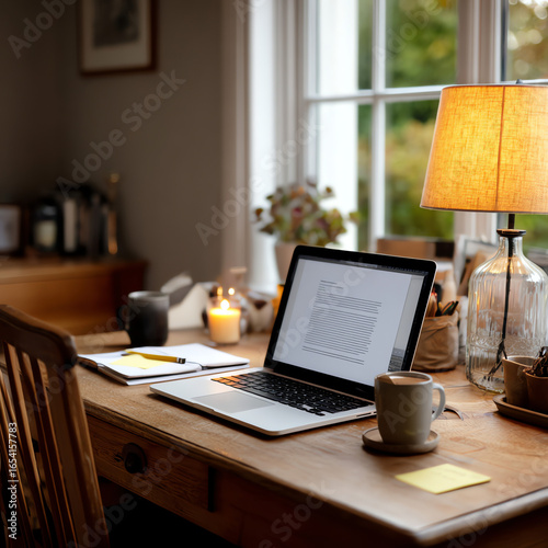 Tidy Home Office Corner with Laptop and Coffee