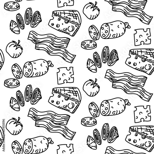 pattern of pizza toppings in the doodle style. Engraving, monochrome hand-drawn pattern in a seamless texture. Whole and sliced cheese, tomato, sausage, bacon, and onion. The slices are chaotic