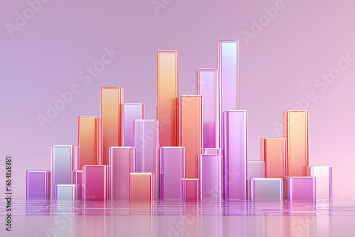 Free Download Colorful glass bar graph with pastel pink purple and orange tones on reflective surface, modern data visualization concept - GFXLoad