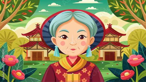 Elderly Vietnamese woman in traditional attire with conical hat and earrings, standing in front of pagoda-style buildings surrounded by trees and flowers