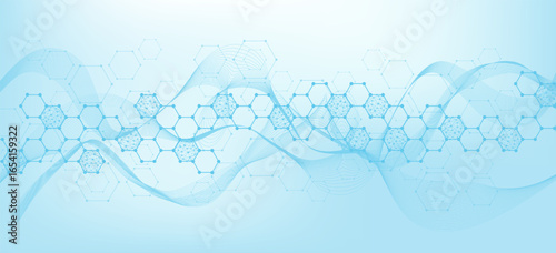 Health care or medical abstract background with hexagons, lines and dots. Scientific innovation banner template concept. Biology and pharmaceutical technology background. Vector illustration.