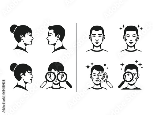 Facial Profile and Analysis: A minimalistic yet detailed illustration showcases the delicate profiles and features, highlighting skin assessment and enhancing beauty and health for both men and women.