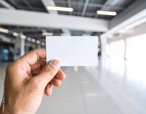 Blank business card held in hand, indoor blurry background