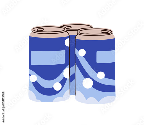 Soda drink cans. Metal tin bottles, aluminium jars with refreshing soda. Abst...