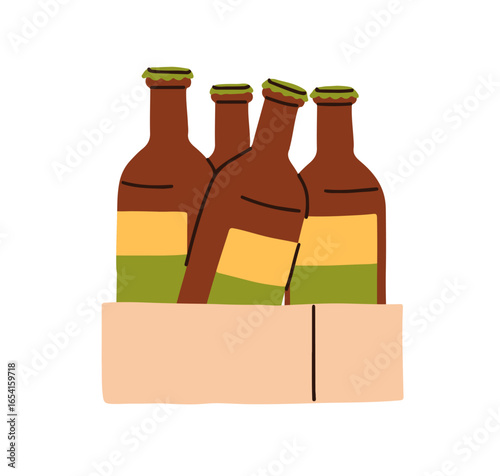 Beer bottles packed in box, case. Cold alcohol drinks in package, crate. Refreshing alcoholic beverages, glass pints, refreshment from brewery. Flat vector illustration isolated on white background