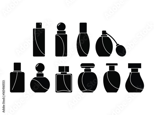 Fragrance Collection: An elegant array of monochrome perfume bottles showcase minimalist designs, inviting a sensory exploration into the world of fragrances and beauty.