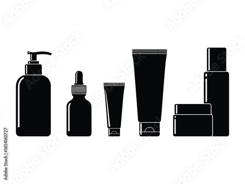 Silhouette of Skincare Products: A sleek, minimalist illustration of a range of skincare products, showcasing modern black bottle silhouette. perfect for beauty and cosmetic related content