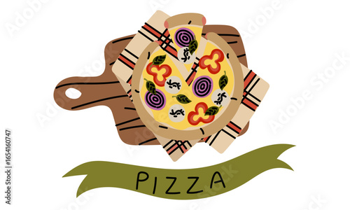 Pizza text tape, round pizza with separate piece on the fabric. Pizza for picnic. Cheese, pepper, onion. Green. Flat color illustration with doodle lines. Marketing for an Italian pizzeria