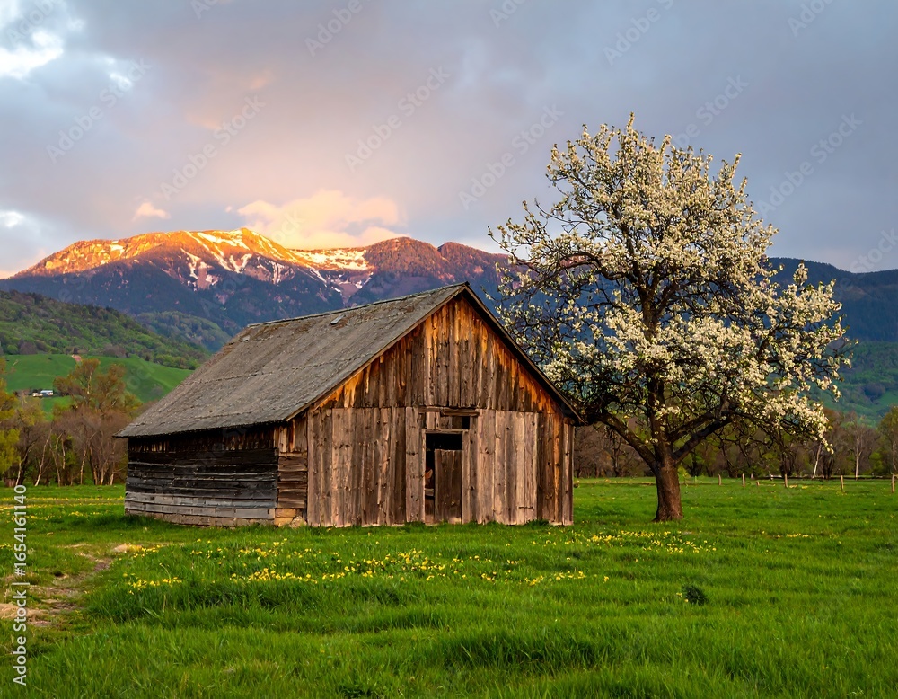 Obraz premium Rustic wooden barn at sunset, mountains in background