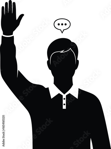 A silhouette of a man raising his hand to ask a question or give an answer