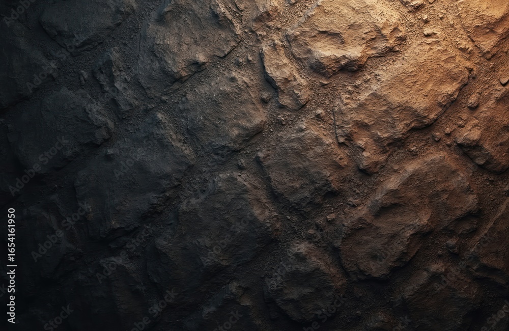 Fototapeta premium Rough, dark brown stone texture with a distressed, grainy surface. Uneven, rocky pattern provides a natural, aged feel, suitable for backgrounds or architectural design.