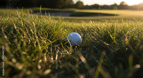 Golf ball nestled in lush green grass border at sunset