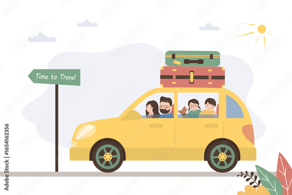 Naklejka premium Happy family starting travelling in car on highway. Auto with suitcases on road. Summer traveling by automobile. Parents and two children on vacation or holidays