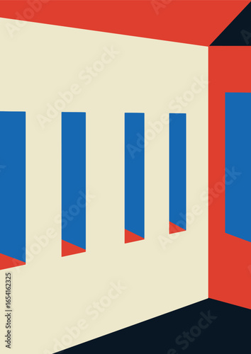 cover design set retro with abstract interior space. blue and red shapes.