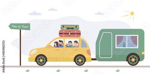 Family vacation in camping, RV travel with kids, happy parents with children on holiday trip in motorhome, camper exterior. Start road trip. Summer vacation,
