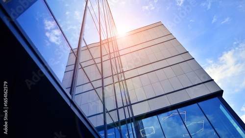 Modern office building with glass facade. Transparent glass wall of office building. Reflection of the blue sky on the facade of the building.