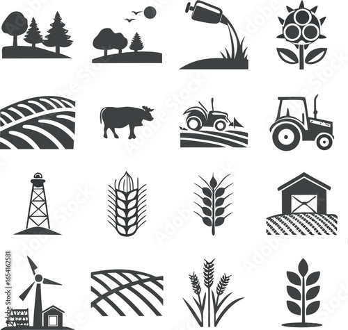Vector art of collection of agricultural icons representing farming and rural life