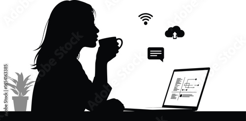 Silhouette of a woman working a laptop while drinking coffee, with cloud, wifi, and message icons