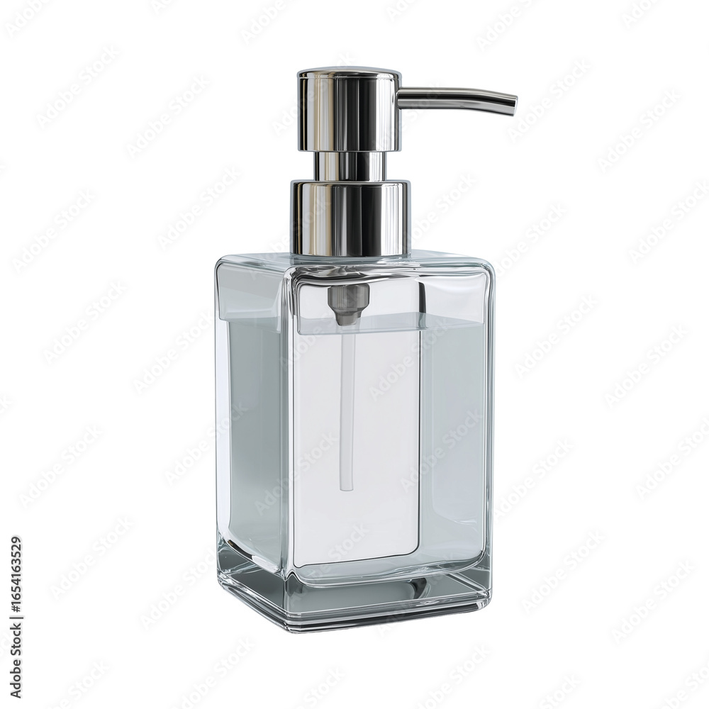 Obraz premium Modern clear glass soap dispenser with shiny chrome pump on a black background