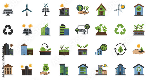 Collection of flat icons representing renewable energy, sustainable living, and eco-friendly buildings for a greener future.