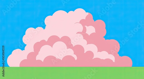 Pink Cloudscape on Green Field Against Bright Blue Sky Simple Weather Illustration
