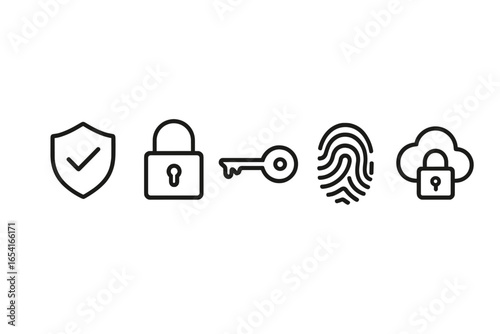 Security and access icons: shield, lock, key, fingerprint, cloud with lock on gradient background
