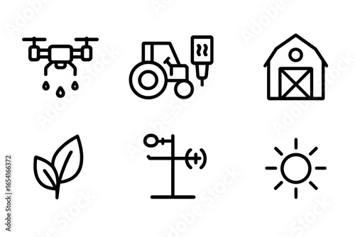 Modern agriculture icons: drone, tractor, barn, leaves, weather station, and sun for smart farming