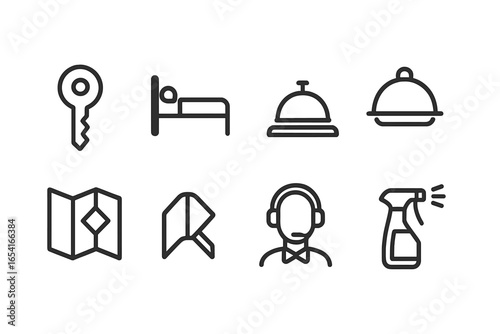 Hotel service icons: key, bed, reception bell, food cloche, map, cleaning spray bottle