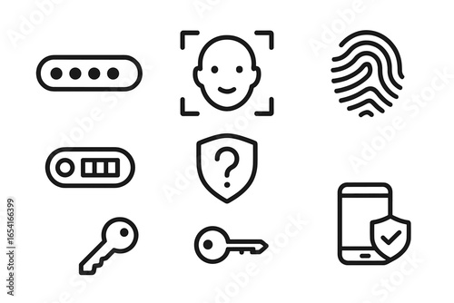 Security and access icons: fingerprint, face recognition, password, keys, protected mobile device