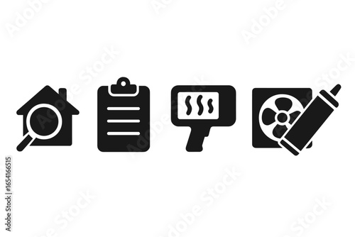 Home inspection and maintenance icons: magnifying glass on house, clipboard, thermal imager, sealant gun, and fan