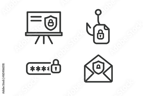 Cybersecurity icons for data protection, phishing, password security, and secure communication with shield and lock symbols