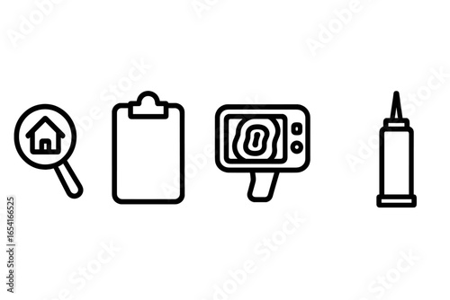 Diverse icons for real estate, documents, thermal imaging, and construction sealant, set against a gradient background