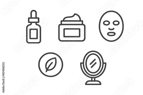Skincare icons collection: dropper bottle, cream jar, face mask, leaf, and vanity mirror on dark background