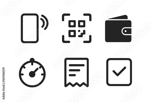 Six modern flat icons for finance and business: contactless payment, QR code, wallet, timer, receipt, and confirmation checkmark