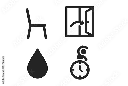 Four simple icons for daily activities: sitting, opening window, water droplet, and person exercising with clock