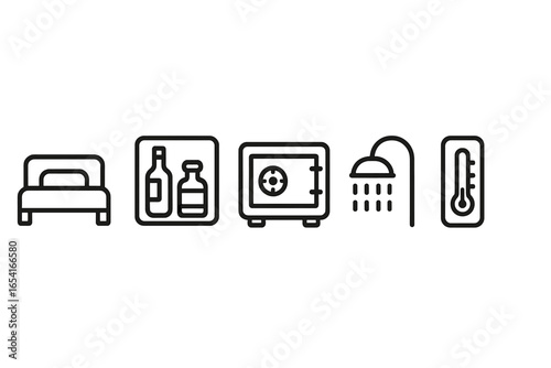 Modern line art icons for hotel room amenities including bed, mini bar, safe, shower, and thermometer on gradient