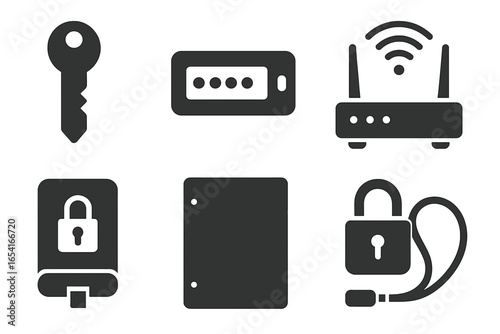 Security and access icons: key, password, Wi-Fi, hard drive lock, blank card, padlock with lanyard