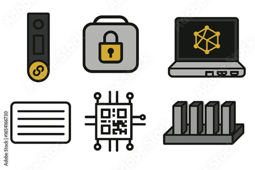 Digital security and data storage icons: hardware wallet, secure briefcase, laptop network, QR code chip, and server racks