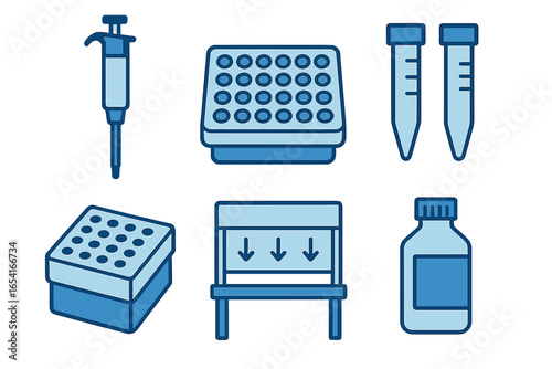 Scientific laboratory equipment icons: pipette, microplate, test tubes, reagent bottle on dark background