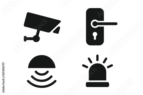 Modern security system icons: surveillance camera, door lock, motion sensor, alarm siren on dark background