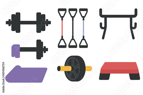 Stylized fitness equipment with glowing effects, dumbbells, resistance bands, ab roller, step platform, yoga mat on dark background