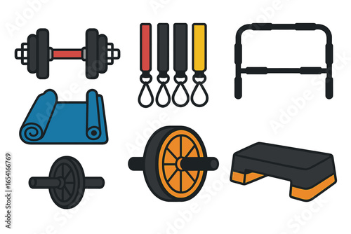 Modern fitness equipment icons: dumbbells, yoga mat, resistance bands, ab roller, aerobic stepper on dark background with glow