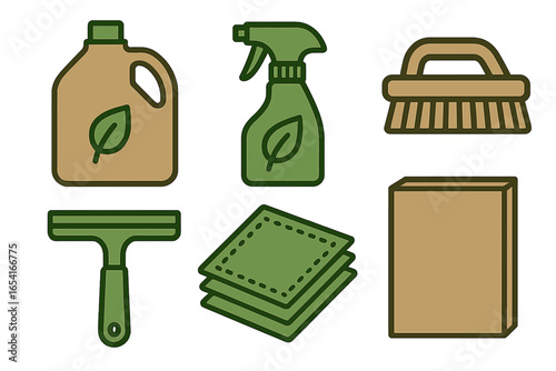 Eco-friendly cleaning supplies and tools collection, spray bottle, brush, squeegee, cloths, stylized graphic format