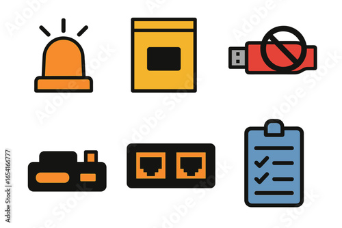 Technology and network icons: siren, USB drive, router, ports, checklist on dark background