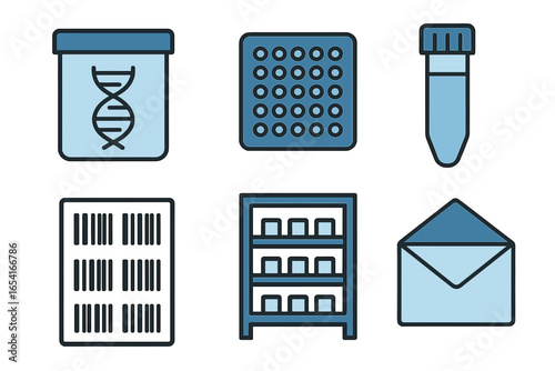 Modern science and lab icons: DNA, test tubes, storage racks in clean graphic style