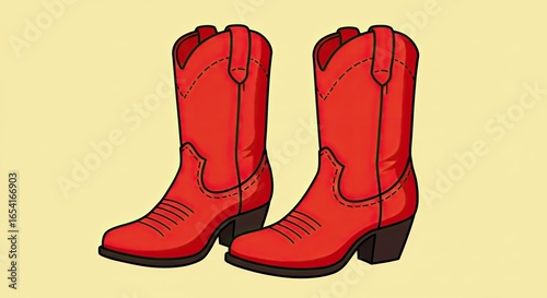 Pair of Red Cowboy Boots on Pale Yellow Background
