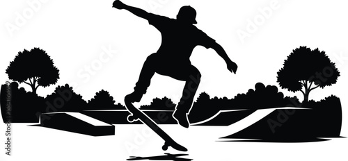 Silhouette of a skateboarder performing a trick in a skate park with ramps and trees