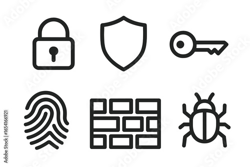 Digital security and privacy icons: padlock, shield, key, fingerprint, firewall, and bug on dark background