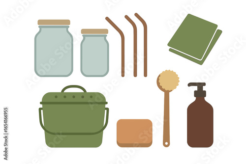 Assorted reusable household cleaning and storage items in a stylized flat design, featuring jars, straws, bucket, brush, soap, and towel