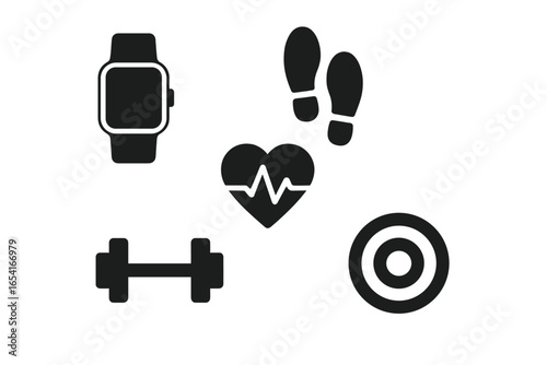 Fitness and health icons: smartwatch, heartbeat, footprints, dumbbell, target on dark background